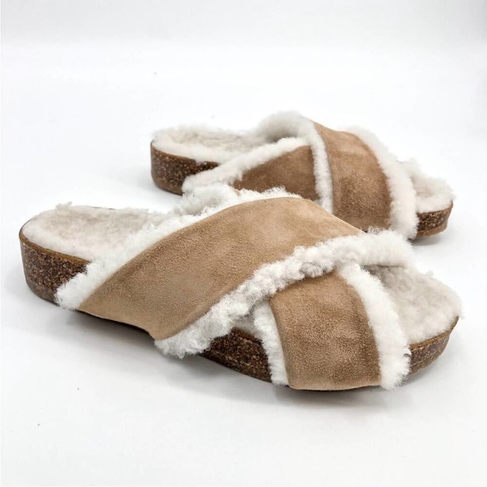 Jenni Kayne Genuine Shearling Natural Crossover Open Toe Slide Sandal NEW 37